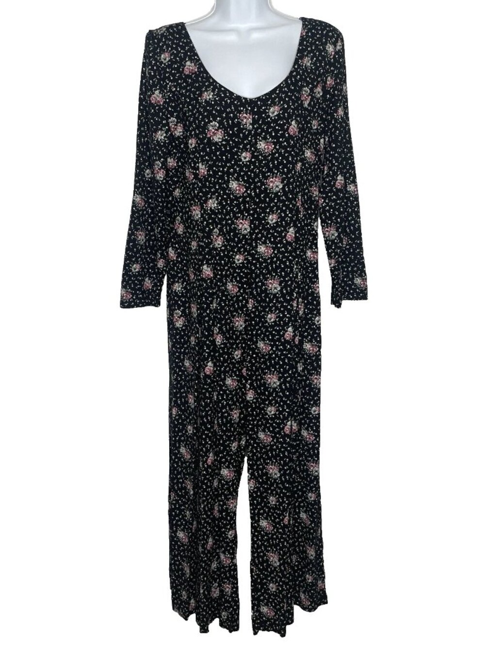Vintage 80s EXPO Wide Leg Jumpsuit Size 12 Black Pink White Ditsy Floral Crop